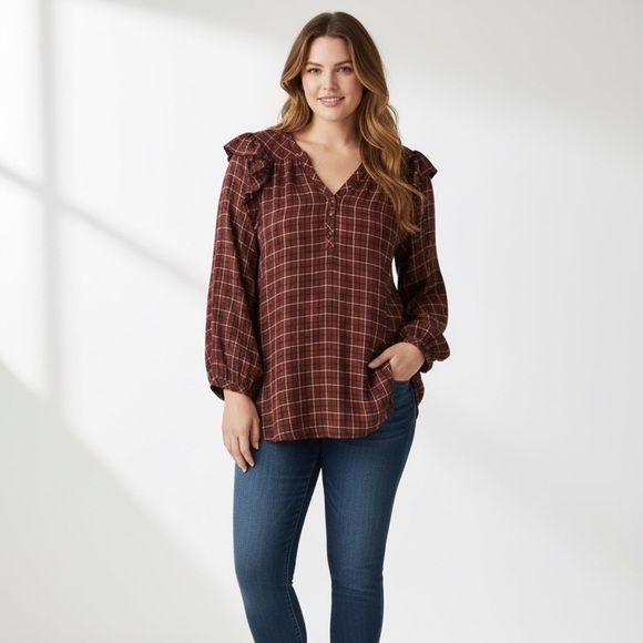 torrid Tops - Torrid Plaid Crinkle Gauze Ruffle Blouse - Size 6 / 6X